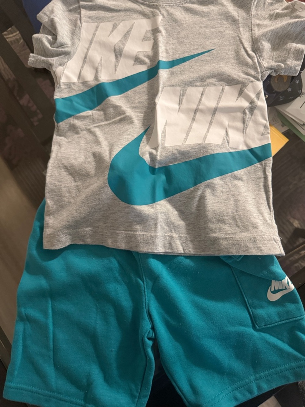 Nike Grey Tee with Teal Graphic and Teal Shorts